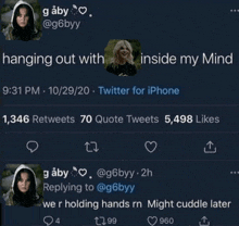 a screenshot of a tweet that says hanging out with inside my mind at the top