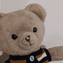 a teddy bear wearing a black and orange shirt with a button on the chest