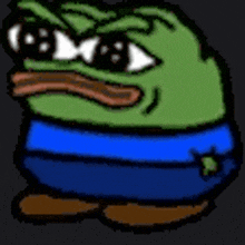 a green frog wearing sunglasses and a blue shirt is making a funny face .