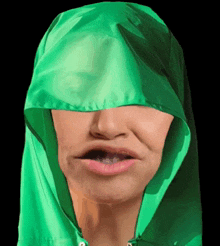 a woman wearing a green hooded jacket covering her eyes