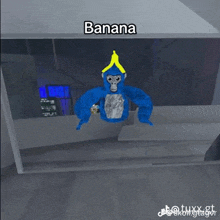 a blue gorilla with a banana on its head and the word banana underneath it