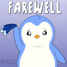 a cartoon penguin says farewell with a sad face