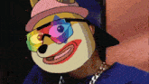a cartoon dog wearing a hat and glasses with a blue shirt