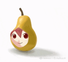 a cartoon of a pear holding a gun next to two red apples