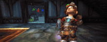 a cartoon character is standing in a dark room with a purple glowing object in his hand