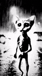 a black and white drawing of a cat that looks like an alien