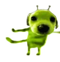 a green dog with a black nose and black eyes