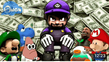 a group of cartoon characters are sitting on a pile of money