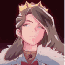 a cartoon girl with long hair and a crown on her head is wearing a fur coat and a bow tie .