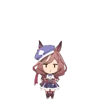 a cartoon drawing of a girl wearing a blue hat with the letters t on it