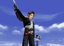 a pixelated image of a person holding a sword with the letter a on it