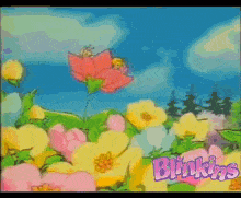 a bunch of colorful flowers with the word blinking on the bottom