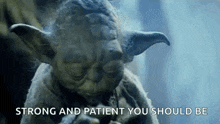 a close up of a statue of yoda with the words `` strong and patient you should be '' written below him .