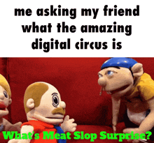 two stuffed animals are sitting on a red couch with the caption " me asking my friend what the amazing digital circus is