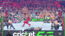 a group of wrestlers are fighting in a wrestling ring with a sign that says cricket on it .