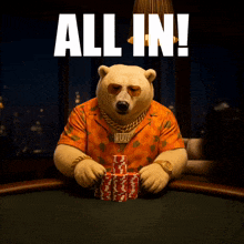 a polar bear sitting at a poker table with the words all in above him