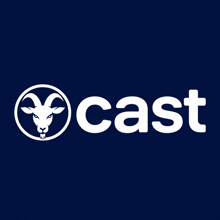 a blue background with a white cast logo