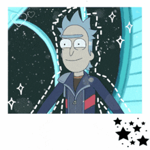 a picture of rick from rick and morty surrounded by stars and hearts