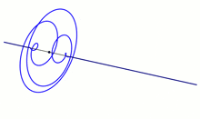 a blue drawing of a swirl with a line going through it