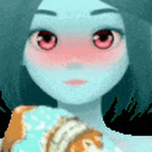 a pixel art of a girl with red eyes and a blue body