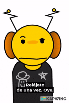 a yellow cartoon character with a black shirt that says " relajate de una vez oye "