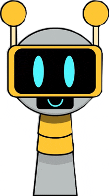 a cartoon drawing of a robot with a yellow head and blue eyes