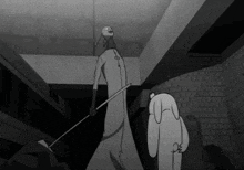 a black and white cartoon of a man and a dog standing next to each other
