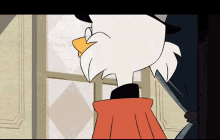 a cartoon character is looking out a window with a hat on