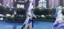 a boy and a girl are dancing in a room with flowers in the background .