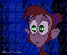 a cartoon of a monkey with green eyes says maybe the token on the bottom