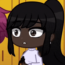 a close up of a cartoon character with black hair and a white shirt with the letter t on it