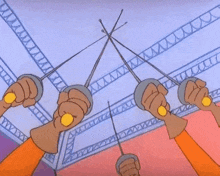 a cartoon of people holding swords in their hands