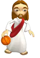 a cartoon jesus is holding a basketball in his hand