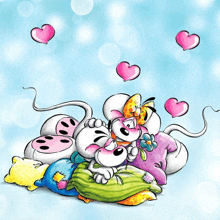 a cartoon of two mice laying on pillows with pink hearts flying around them