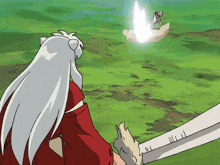 a cartoon of a dog with a sword standing in a grassy field