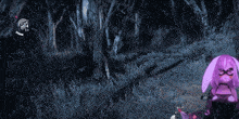 a video game character with purple hair and a mask stands in a dark forest