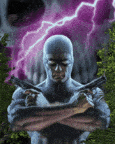 a painting of a man holding two guns in front of a purple lightning bolt