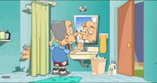 a cartoon of a man brushing his teeth in front of a bathroom mirror
