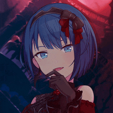 a girl with blue hair and blue eyes is wearing a headband and black gloves