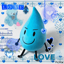 a picture of a stuffed blue drop with arms and legs and the word love on the bottom right