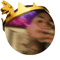 a person wearing a purple hat and a gold crown on their head