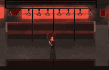 a cartoon of a person standing in a dark room with red lights