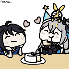 a drawing of a girl eating a piece of cake with the name segeren on the bottom left