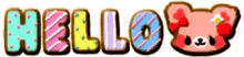 the word hello is written in colorful letters with a pink teddy bear in the background