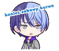 a cartoon of a boy with purple and white hair and the words `` koniec zabawy kurwa '' written above him .