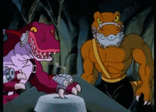 two dinosaurs are standing next to each other in a dark cave