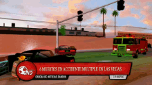a video game screen shows a fire truck driving down a street