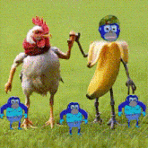 a rooster and a banana are standing next to each other in the grass