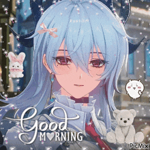 a picture of a girl with horns and the words good morning on the bottom