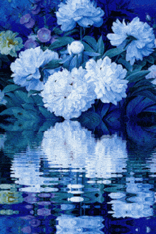 a painting of blue and white flowers reflecting in the water